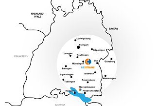 vereinfachte geographische Karte mit eingezeichnetem Wirkungskreis