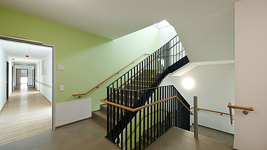 Foto Innenbereich mit Treppenaufgang und grüner Wand