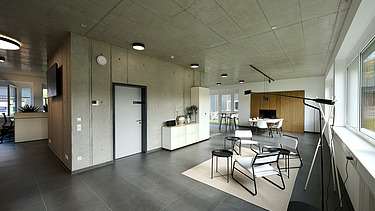 Foto Innenbereich Bürogebäude mit Wartebereich und Sichtbeton