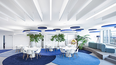 Foto Innenbereich mit Tischen, blauem Teppich und Jukebox